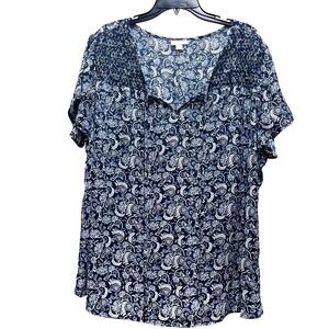 Navy Blue White Floral Print Short Sleeve Blouse Top Boho Womens Size 2X XXL NEW